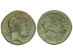 As. 120-20 a.C. BELIGIOM (BELCHITE, Zaragoza). Anv.: Cabeza barbada a ...