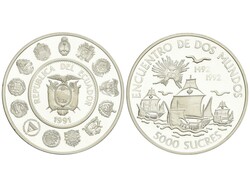 5.000 Sucres. 1991. 26,82 grs. AR. I Serie Iberoamericana: Encuentro ...