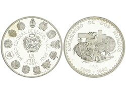 1 Nuevo Sol. 1991. 26,92 grs. AR. I Serie Iberoamericana: Encuentro ...