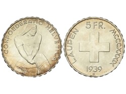 5 Francos. 1939. 14,97 grs. AR. 600 aniversario Batalla de Laupen. ...