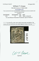 St. Louis, Mo., 1845, 5¢ black on greenish (Scott 11X1), Type III, ...
