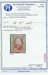 1847, 5¢ red brown (Scott 1 var.), Left frameline recut. Very scarce ...