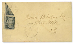 1863, 2¢ black, diagonal bisect, used as 1¢ as part of 3¢ rate ...