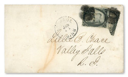 1863, 2¢ black, diagonal bisect, used as 1¢ as part of 3¢ rate ...