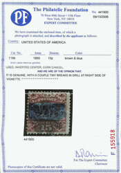 1869, 15¢ brown & blue, type II, center inverted (Scott 119b), ...