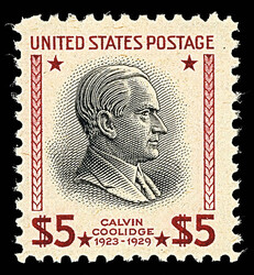 1938, Presidential Issue, $5 Coolidge, red brown & black (Scott 834a) ...