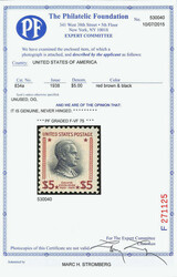 1938, Presidential Issue, $5 Coolidge, red brown & black (Scott 834a) ...