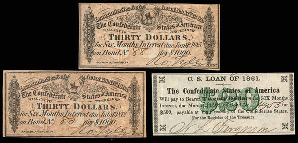 Group of (6) Confederate Counterfeit Notes Plus (9) CSA Bond Coupons, ...