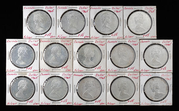 Group of (14) 1965 Canadian Silver dollars, each coin in .800 silver, ...