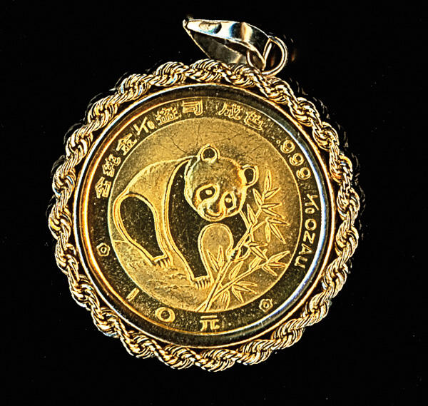 1988 10 Yuan China 1/10 oz. Gold Coin In Bezel. 999 fine gold; ...