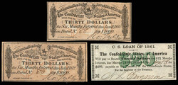Group of (6) Confederate Counterfeit Notes Plus (9) CSA Bond Coupons, ...