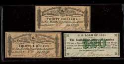 Group of (6) Confederate Counterfeit Notes Plus (9) CSA Bond Coupons, ...
