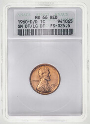 1960-D/D 1C Lincoln Penny ANACS MS66 Red Small Date Over Large Date, ...