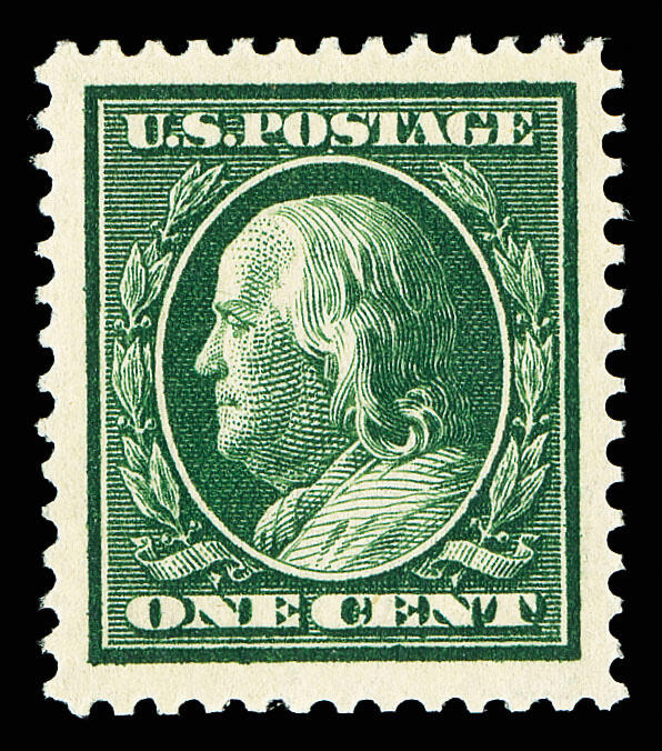 1908, 1¢ green, D.L. watermark (Scott 331), roomy margin spacing, o ...