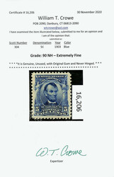 1903, 5¢ blue (Scott 304), brilliantly clear impression, o.g., never ...