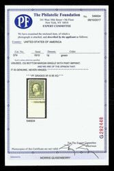 1910, 1¢ green, S.L. watermark (Scott 374), single with part imprint ...