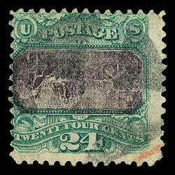 1869, 24¢ green & violet, center inverted (Scott 120b), quartered ...