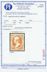 1870, 15¢ orange, H. grill, N.B.N.C. printing (Scott 141), unused ...