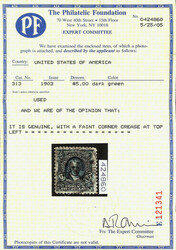 1903, $5 dark green (Scott 313), double oval registry cancel, deep ...