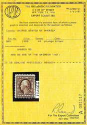 1909, 4¢ orange brown, on bluish paper (Scott 360), o.g., very ...