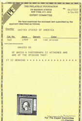 1909, 6¢ red orange, on bluish paper (Scott 362), o.g., previously ...