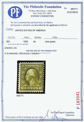 1909, 8¢ olive green, on bluish paper (Scott 363), o.g., lightly ...