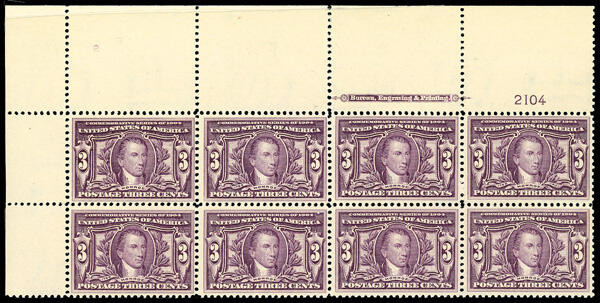 1904, 3¢ Louisiana Purchase (Scott 325), full top left corner plate ...