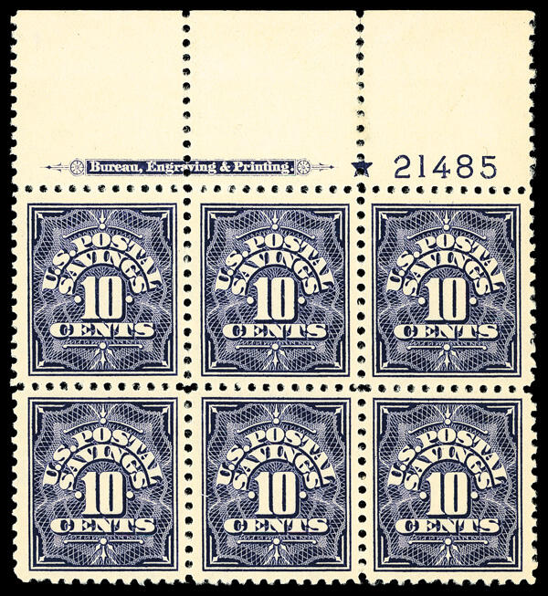 Postal Savings, 1936, 10¢ deep blue (Scott PS6), full top plate ...