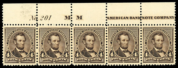 1890, 4¢ dark brown (Scott 222), top margin plate No. 201 strip of 5 ...