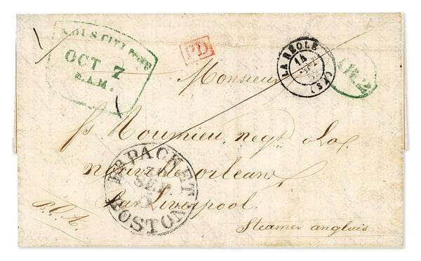 1852, "N.O.U.S. City Post Oct. 7, 8 AM" green snow-shovel handstamp ...