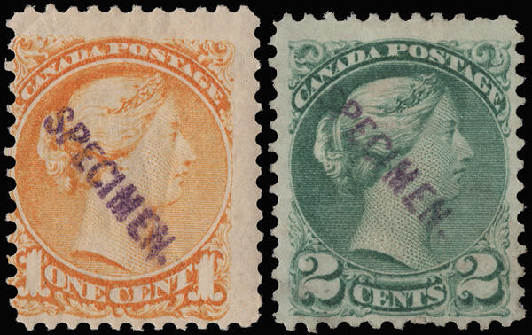 1870, Small Queen, 1¢ yellow &amp; 2¢ green, "SPECIMEN." overprint ...
