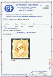 1870, 15¢ orange, H. grill, N.B.N.C. printing (Scott 141), clean ...