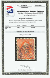 1890, 90¢ orange (Scott 229), mathematically centered in bold color ...