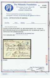 1853 "N.O.U.S. City Post Oct. 23, ? AM" blue snow-shovel handstamp on ...