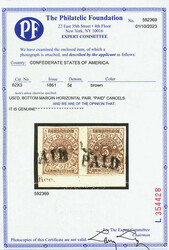 New Orleans, La., 1861, 5¢ brown (Scott 62X3), bottom margin ...