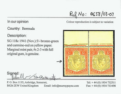 1942, King George VI, 5s dull yellow green &amp; carmine red on pale ...