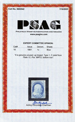 1861, 1¢ blue, type I (Scott 18), C relief, position 98R12, o.g., ...