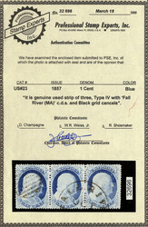 1857, 1¢ blue, type IV (Scott 23), horizontal strip of 3, a pretty ...