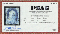 1857, 1¢ blue, type IV, stitch watermark (Scott 23 var.), a clean, ...