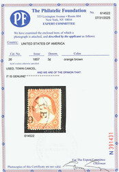 1857, 3¢ orange brown, type III (Scott 26 var.), a gorgeous stamp ...