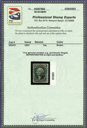 1857, 10¢ green, type III (Scott 33), o.g., hinged, a pretty stamp ...