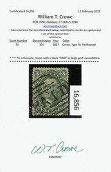 1857, 10¢ green, type III (Scott 33), a stellar example with ...