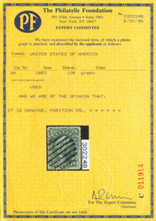 1857, 10¢ green, type IV, recut at bottom (Scott 34 var.), position ...