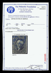 1857, 12¢ black, plate I (Scott 36), clean and crisp with intense ...