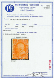 1860, 30¢ orange (Scott 38), o.g., lightly hinged, ...