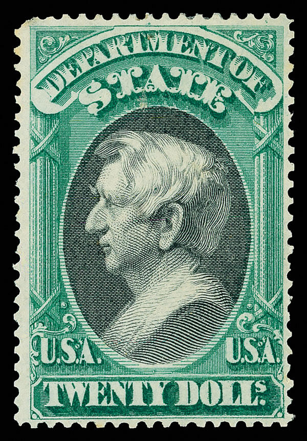 State Dept., 1873, $20 green & black (Scott O71), unused without gum, ...