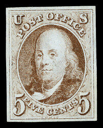 1847, 5¢ red brown (Scott 1), unused without gum, four-margined and ...