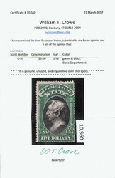 State Dept., 1873, $5 green & black (Scott O69), regummed over thin ...