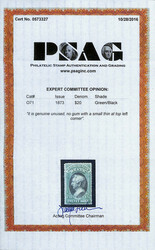 State Dept., 1873, $20 green & black (Scott O71), unused without gum, ...