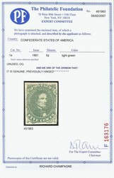 1861, 5¢ light green (Scott 1a), o.g., very lightly hinged, bright ...